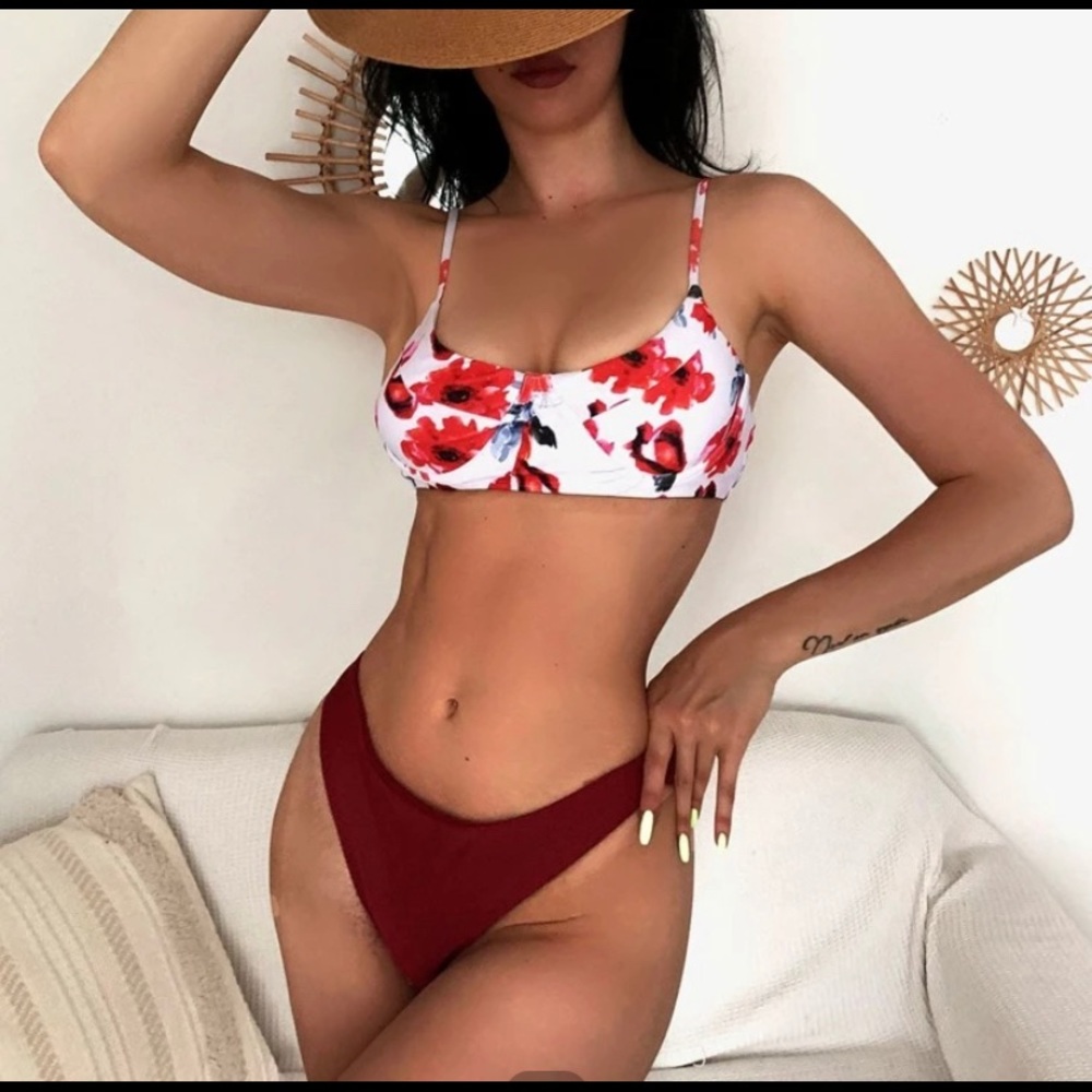 2 piece red and white bikini with flowers.